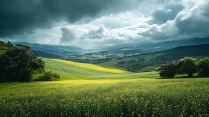 Fototapeta premium Lush landscape of green rolling hills with a patch of bright yellow colza blossoms under a cloudy sky in guadalajara spain : Generative AI