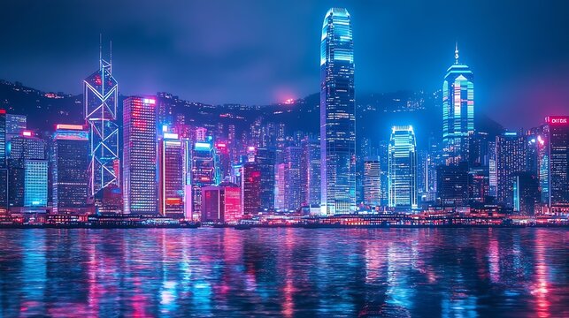 Smart network and Connection technology concept Hong Kong digital city background at night in victoria harbour Cyberpunk color style Panorama view : Generative AI