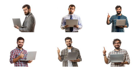 Web developer holding a laptop, smiling while pointing at the screen. isolated on transparency background