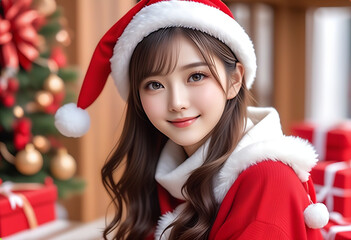 Portrait of a beautiful young woman in Santa Claus clothes. Christmas decoration background. Christmas image. Card design. サンタクロースの服を着た美しい若い女性のポートレート。クリスマスの装飾の背景。クリスマスのイメージ。カードデザイン。