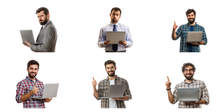 Web developer holding a laptop, smiling while pointing at the screen. isolated on transparency background