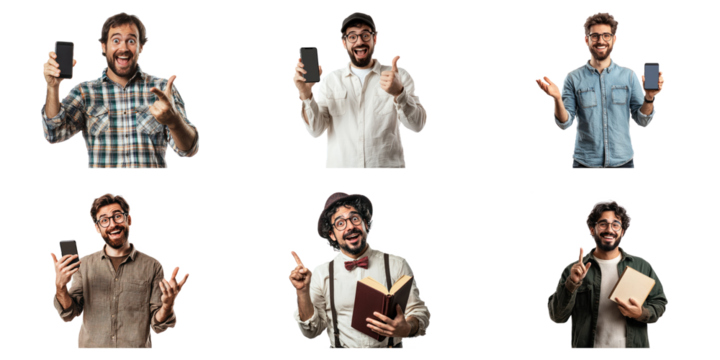 A web developer holding a smartphone and gesturing as if testing an app with enthusiasm. isolated on transparency background - Powered by Adobe