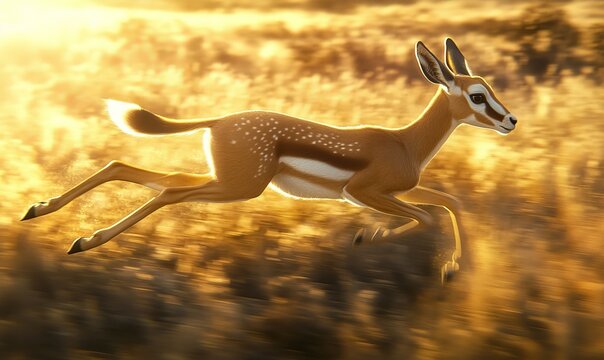A springbok leaps across golden grass.
