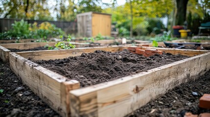  Wooden raised garden bed filled with rich soil, ready for planting in a backyard surrounded by trees and plants, with a wooden shed in the distance.