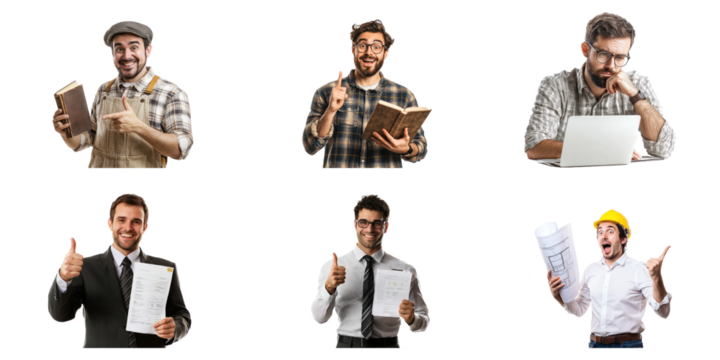 Set of an writer holding a book, pointing at it with a proud expression. isolated on transparency background - Powered by Adobe