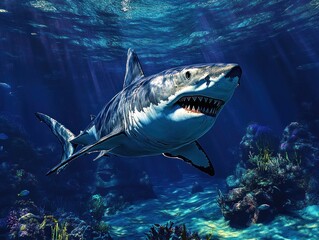 Naklejka premium Great White Shark Swimming Gracefully Through Vibrant Coral Reef Underwater