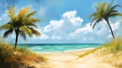 Fototapeta premium A tropical island with palm trees, sandy beaches, and turquoise water, in the style of digital art with brush strokes