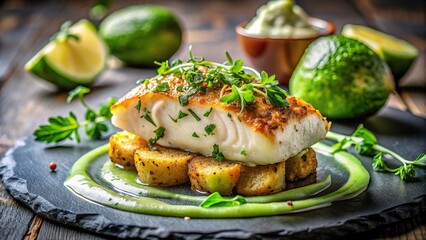 A visually stunning stock photo showcasing fine dining cod encrusted with flavorful herbs served alongside a perfectly baked potato and topped with a decadent avocado cream, elegant
