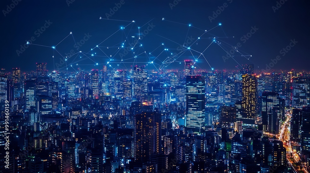 Poster modern cityscape and communication network concept telecommunication iot internet of things ict info