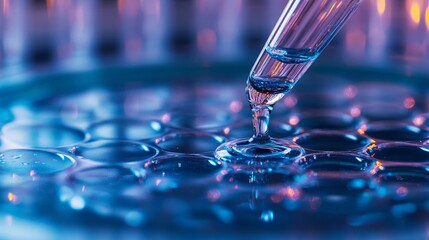 close-up of a cell culture plate in a laboratory setting, with droplets dripping from a glass pipette