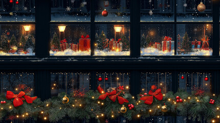Create a continuous pattern of Christmas window displays, with twinkling lights, festive decorations, and snowy scenes
