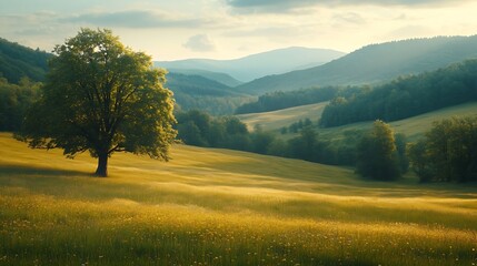 Obraz premium Summer trees and pasture in a beautiful mountain landscapeSummer landscape in Sadecki Beskids Poland : Generative AI