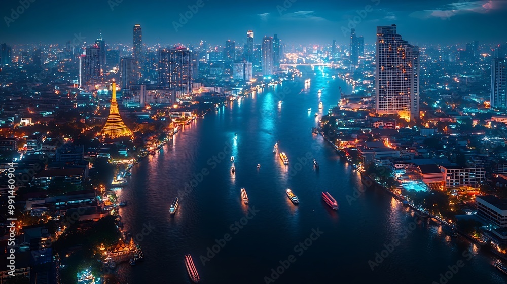 Poster Smart network and Connection technology concept with Bangkok city background at night in Thailand Panorama view : Generative AI