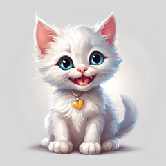 Fototapeta premium A cute, fluffy white kitten with big blue eyes, smiling and wearing a heart-shaped pendant. This adorable design is perfect for children's products, pet illustrations, and stickers.
