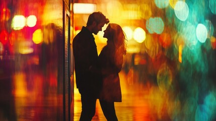 Fototapeta premium Two people share a loving moment in an illuminated city street, surrounded by vibrant lights reflecting off wet pavement. Rain adds a romantic atmosphere as they gaze into each other's eyes.