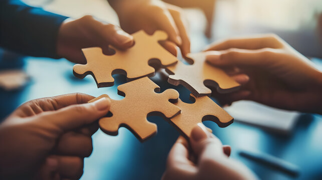 manos de personas de empleados armando las piezas de un rompecabezas concepto de union y estrategias de negocios cooperacion y apoyo en el trabajo en equipo