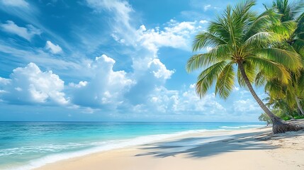 Obraz premium Beautiful beach with white sand turquoise ocean green palm trees and blue sky with clouds on Sunny day Summer tropical landscape panoramic view : Generative AI