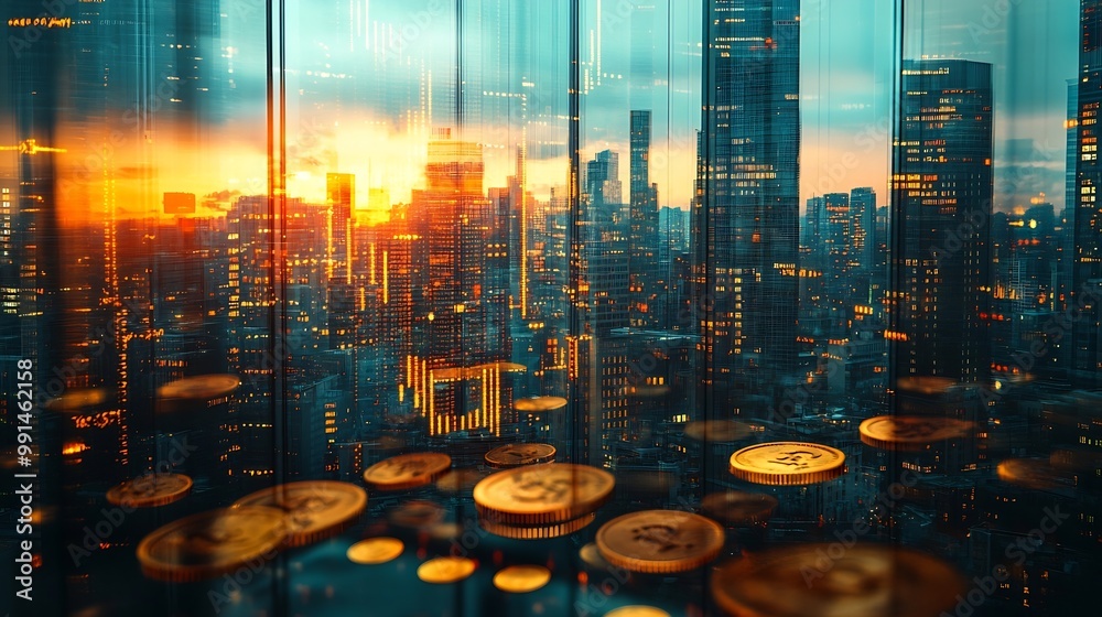 Poster double exposure of city and rows of coins with stock and financial graph on virtual screen business 
