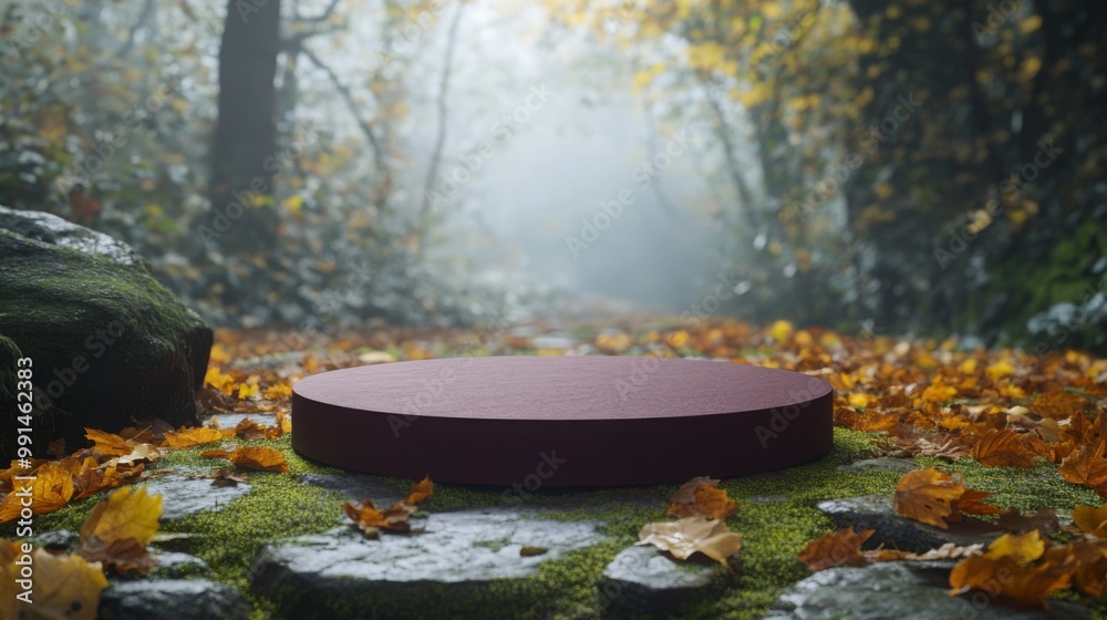 Poster A circular platform rests quietly on a path covered in vivid autumn leaves, surrounded by a misty forest. The early morning light filters through trees, creating a serene, enchanting atmosphere.