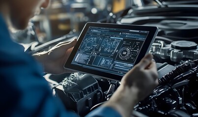 Mechanic Using Advanced Tablet for Vehicle Electrification