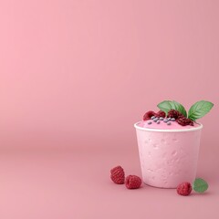 A refreshing cup of pink raspberry ice cream topped with berries and mint, perfect for a sweet summer treat.