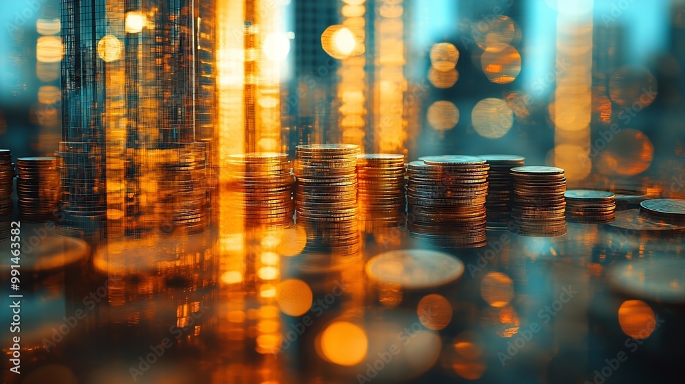 Aufkleber double exposure of city and rows of coins for finance and business concept : generative ai
