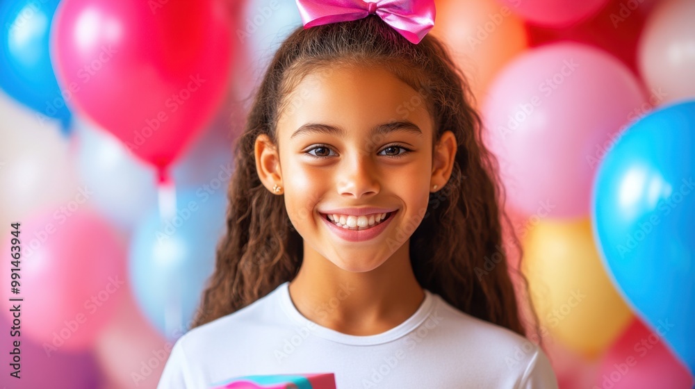 Poster A girl surrounded by birthday presents and balloons smiling happily