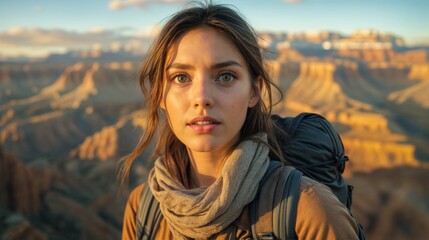 Young woman hiking in a stunning canyon landscape at sunset with a backpack