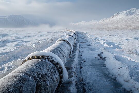  Frozen pipeline stretching across snowy landscape, representing the challenges of maintaining industrial infrastructure in harsh, cold environments and extreme conditions.