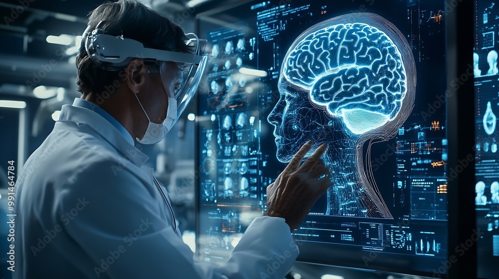 Aufkleber doctor use robotic and innovative medical technology diagnose and examine patient brain with intelli