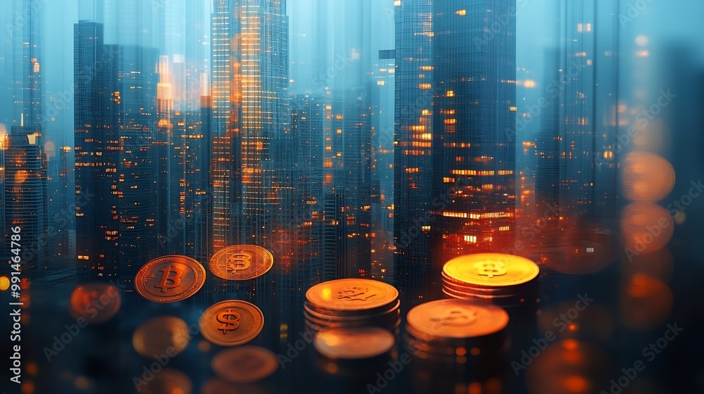 Poster Double exposure of city graph rows of coins and blank space for finance and business concept : Generative AI