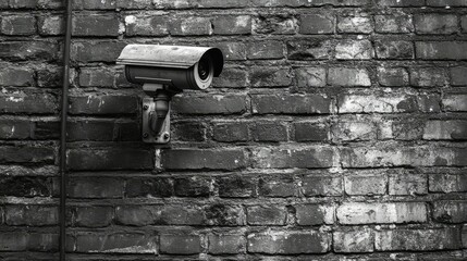 Black and white image of a security camera on a brick wall, with space for copy on the left side. -