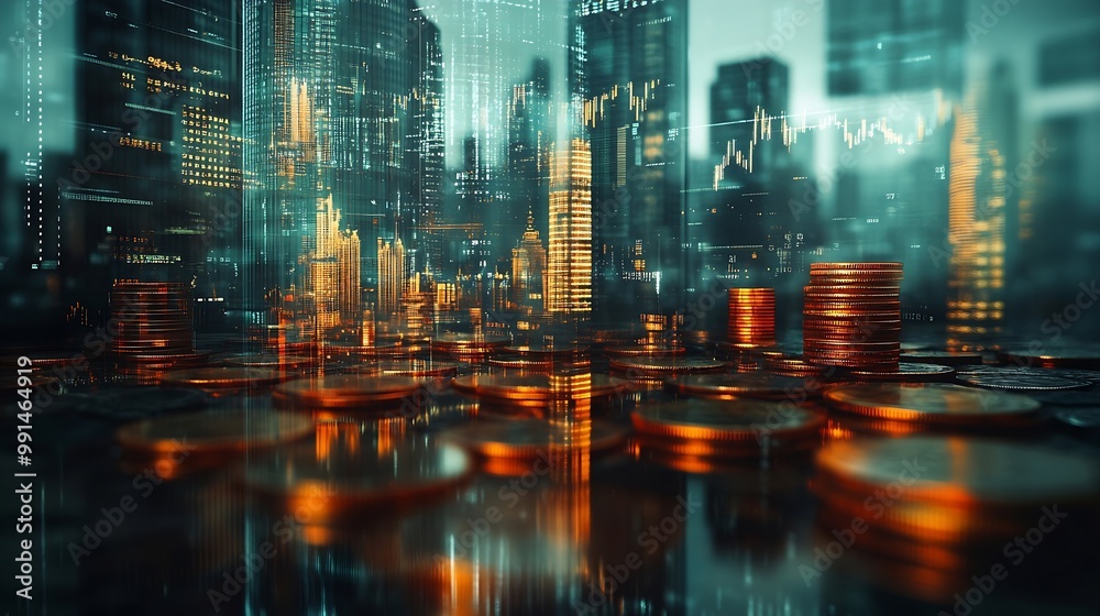 Fototapete double exposure of city and graph on rows of coins for finance and banking concept : generative ai