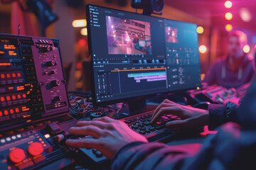 The hands of a video clip editor are editing video on a computer in the office.