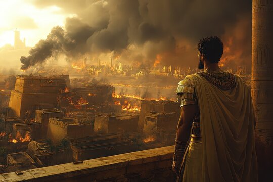 The Pharaoh stands on a high balcony, looking out over his city as the plagues strike.
