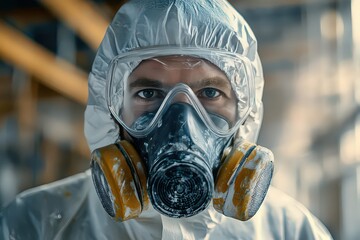  detailed image of the full protective gear required for industrial spray painting, including a face mask with filters, heavy-duty gloves, and a protective suit.
