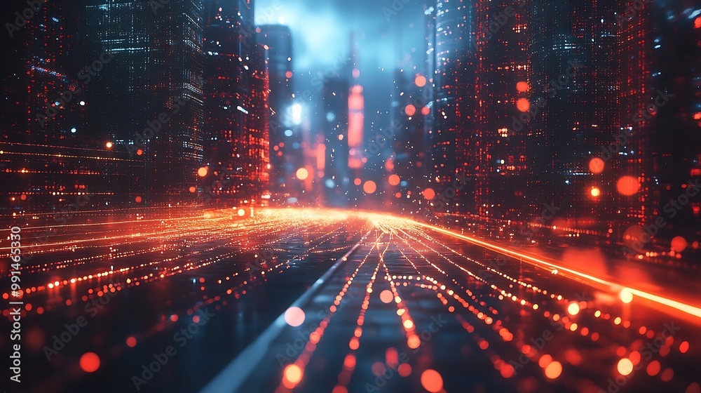 Poster Smart city and abstract polygon pattern connection with speed line light big data connection technology concept : Generative AI