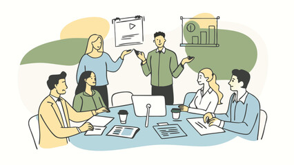 Business Marketing illustrations. Collection of scenes with men and women taking part in business activities.
