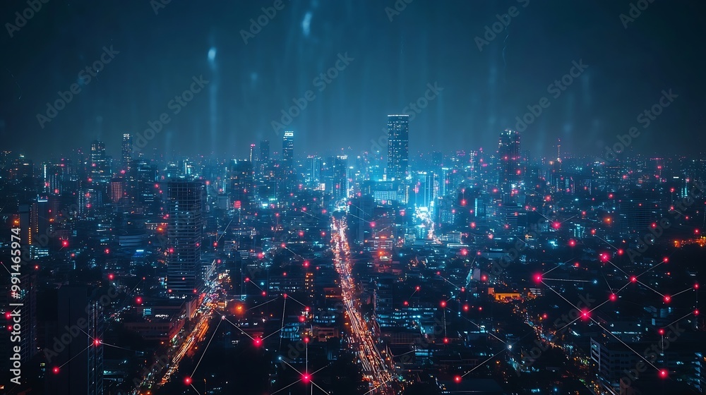Poster smart city dot point connect with gradient line connection technology metaverse concept bangkok thai