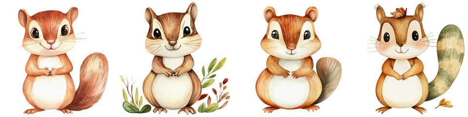Colorful cartoon chipmunks in various poses, isolated on transparent background