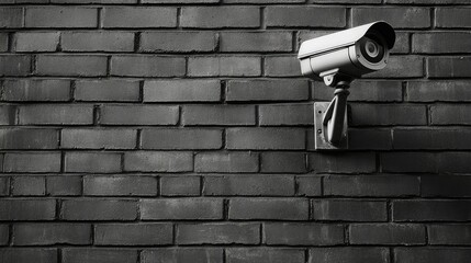 Black and white image of a security camera on a brick wall, with space for copy on the left side.