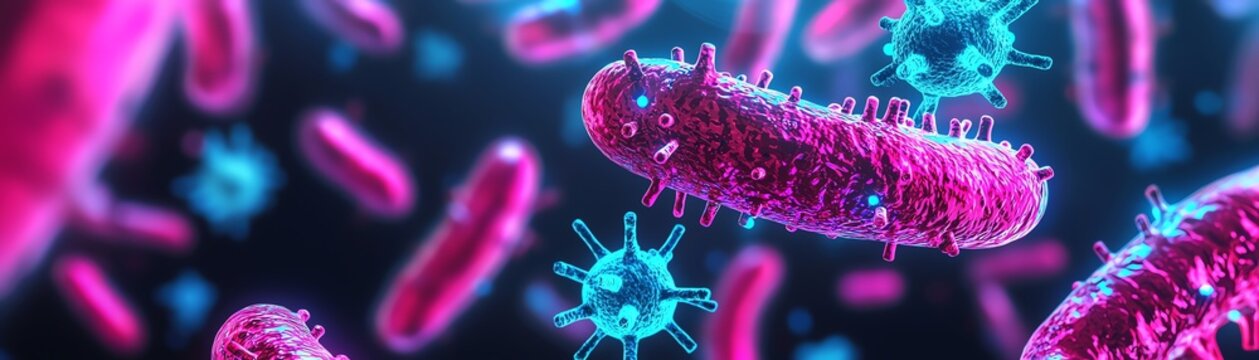 Vibrant microscopic view of bacteria and viruses showcasing their intricate structures in stunning detail.