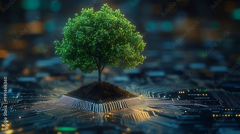 Poster Tree with soil growing on  the converging point of computer circuit board Blue light and wireframe network background Green Computing Green Technology Green IT csr and IT ethics Concep : Generative AI