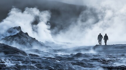 Nmafjall Geothermal Area Tourists in the distance steaming fumaroles boiling mud pots Panorama of suggestive volcanic landscape Sulfurous springs solfataras and steam springs : Generative AI