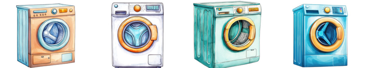 Fototapeta premium Colorful collection of washing machines in various styles, isolated on transparent background