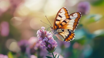Fototapeta premium Butterfly with open wings on a flower, with a clear, soft-focus background for text.