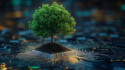 Tree with soil growing on  the converging point of computer circuit board Blue light and wireframe network background Green Computing Green Technology Green IT csr and IT ethics Concep : Generative AI
