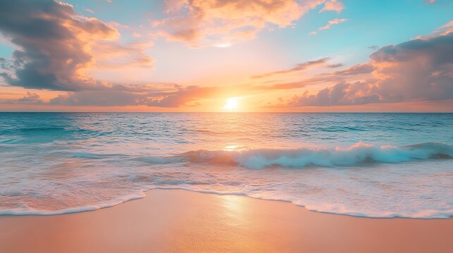 Sea sand sky concept sunset colors clouds horizon horizontal background banner Inspirational nature landscape beautiful colors wonderful scenery of tropical beach Beach sunset summer v : Generative AI