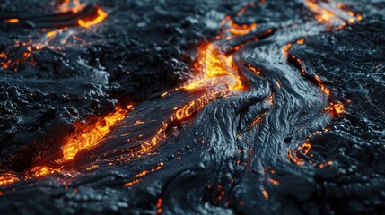 A high-detail image of molten metal flowing through a dark, textured surface