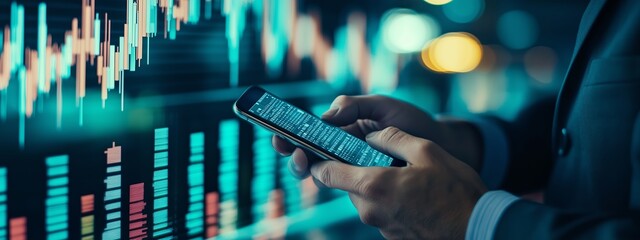 Business professional analyzing stock market trends while using a smartphone in a modern office setting at night